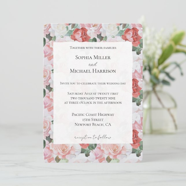 Blush Pink Weiße Rote Rosen Blumenzehen Einladung (Stehend Vorderseite)