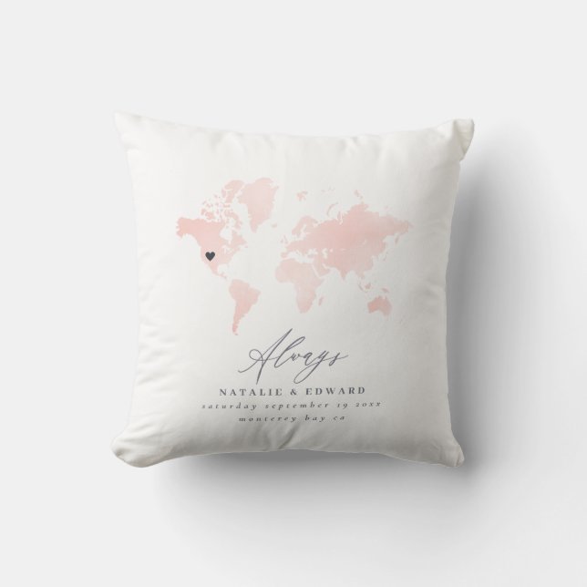 Blush Pink Weltkarte Hochzeit oder Jubiläumsgesche Kissen (Vorderseite)
