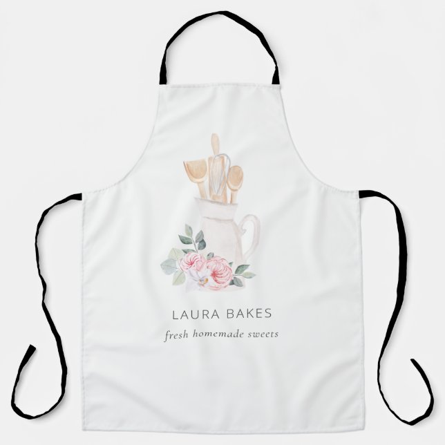 Blush Pink Whisk Spatula Floral Baking Utensitäten Schürze (Vorderseite)