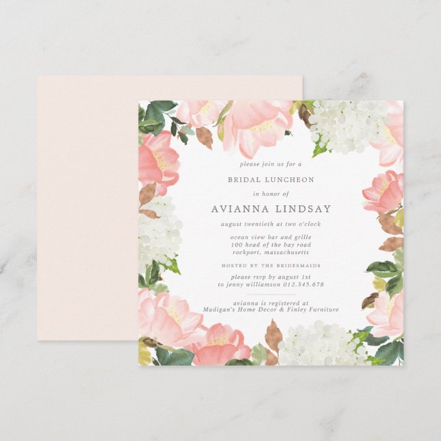 Blush Pink White Floral Bridal Luncheon Einladung (Vorne/Hinten)