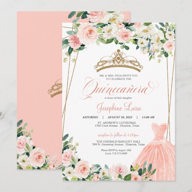 Blush Pink & White Floral Quinceñera Feier Einladung (Vorne/Hinten)