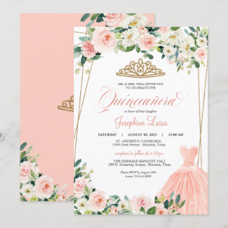 Blush Pink & White Floral Quinceñera Feier Einladung