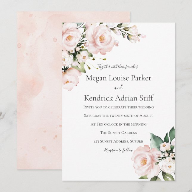 Blush Pink & White Floral Wedding Einladung (Vorne/Hinten)