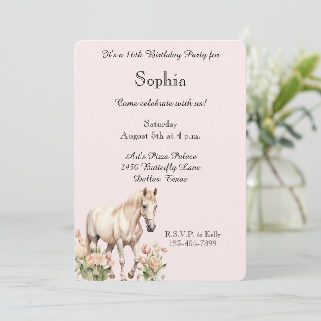 Blush Pink White Horse Tulips Geburtstag Einladung (Stehend Vorderseite)
