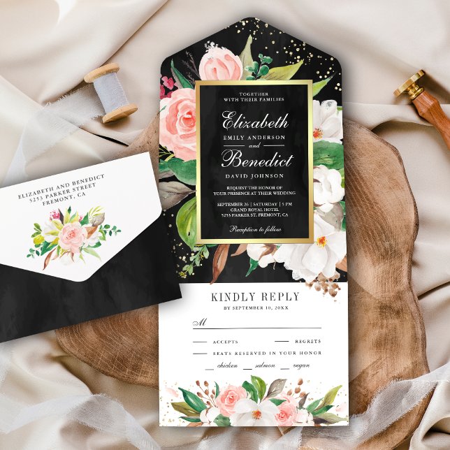 Blush Pink White Magnolia Bloral Black Wedding All In One Einladung (Von Creator hochgeladen)