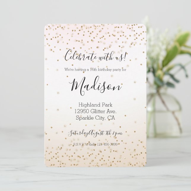 Blush Pink White Peach Ombre Gold Confetti Einladung (Stehend Vorderseite)
