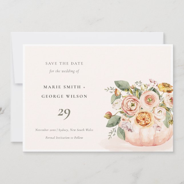 Blush Pink White Pumpkin Floral Save the Date Card Dankeskarte (Vorderseite)