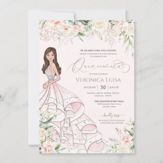 Blush Pink White Roses Luxury Quince Anos Birthday Einladung