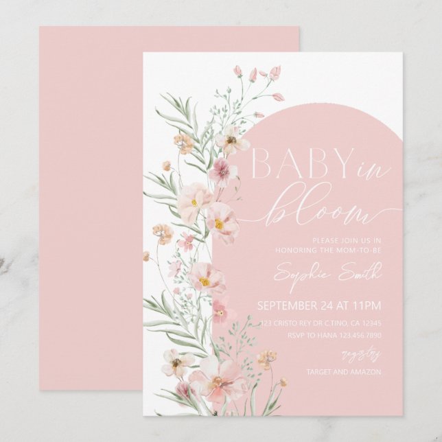 Blush Pink Wildblume Baby in Bloom Baby Dusche Einladung (Vorne/Hinten)