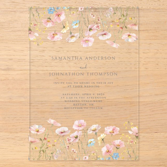 Blush Pink Wildblume Bloral Wedding Acryleinladungen (Vorderseite)