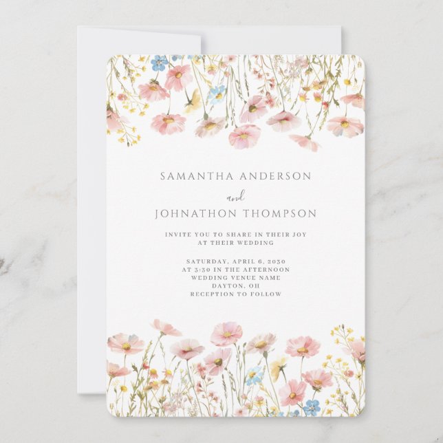 Blush Pink Wildblume Bloral Wedding Einladung (Vorderseite)