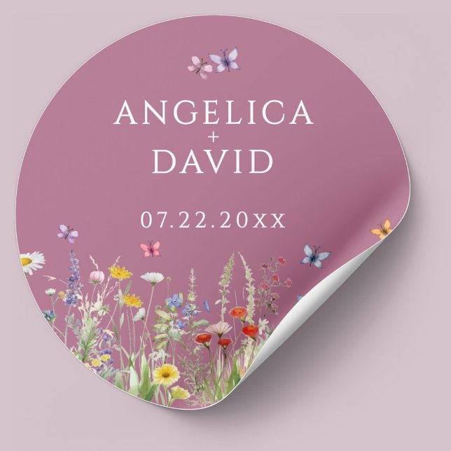 Blush Pink Wildblume Butterflies Hochzeitsticker Runder Aufkleber (Von Creator hochgeladen)