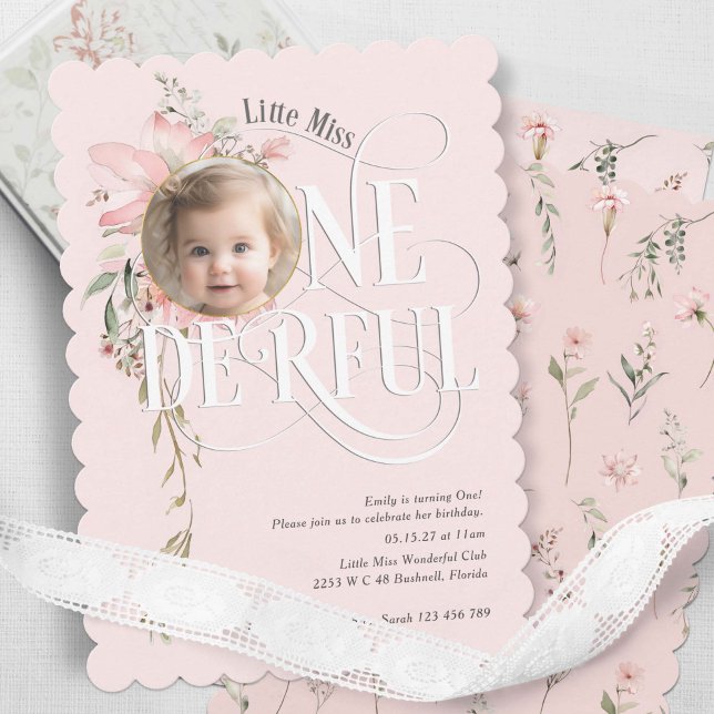 Blush Pink Wildblume Kleine Miss Onederful Foto Einladung (Pink, Little Miss Onederland, Watercolor Wildflower, Girl 1st birthday photo invitation.)