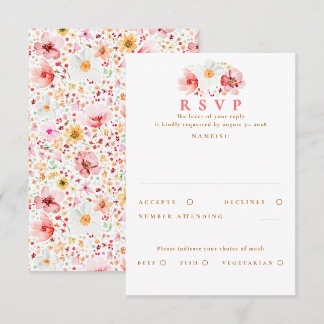 Blush Pink Wildblume Wedding RSVP Card Karte (Vorne/Hinten)