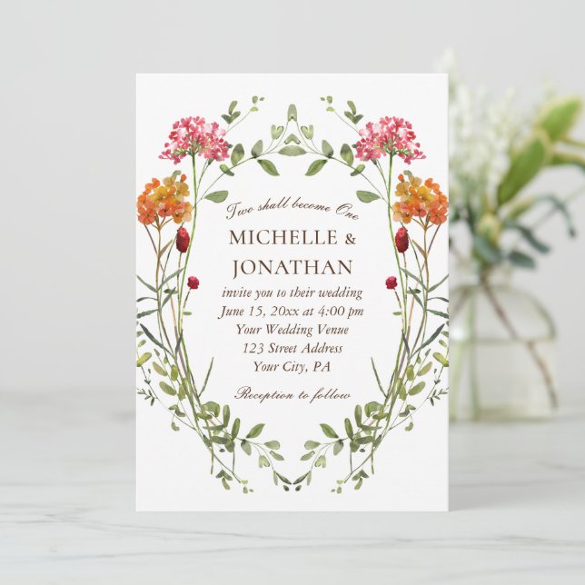 Blush Pink Wildblumen Kranz Christliche Hochzeit Einladung (Stehend Vorderseite)