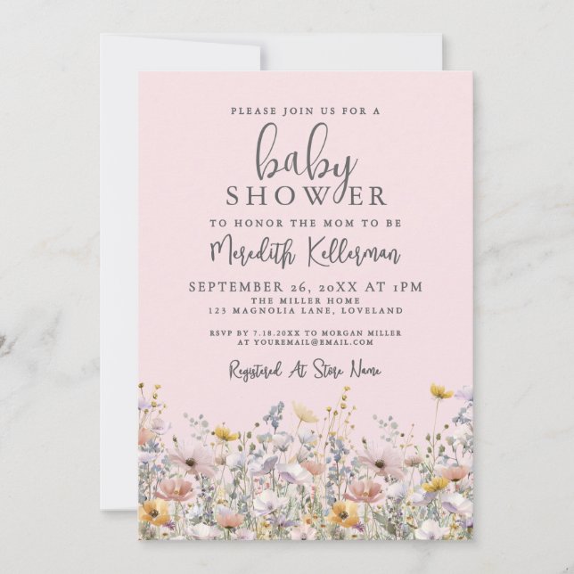 Blush Pink Wildflower Baby Shower Einladung (Vorderseite)