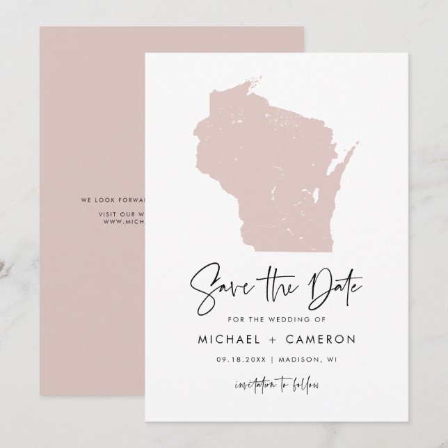 Blush Pink Wisconsin Karte Minimalistische Script  (Vorne/Hinten)
