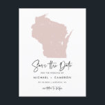 Blush Pink Wisconsin Karte Save the Date<br><div class="desc">Verkünden Sie Ihre Hochzeitsfeier mit Familie und Freunden mit diesem Wisconsin Staat Thema Ankündigung Datum freihalten Postkarte. Es zeigt eine Illustration des Staat von Wisconsin, eine einfache Typografie und ein handgeschriebenes Skript. Personalisieren Sie diese durch Hinzufügen von Namen, Datum, Ort und anderen Details. Dieser Staat von Wisconsin Save the Date...</div>