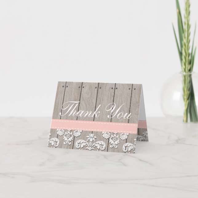 Blush Pink Wood Lace Rustic Vielen Dank Dankeskarte (Vorderseite)