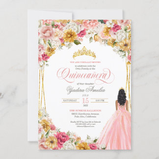 Blush Pink & Yellow Lush Floral & Gown Quinceanera Einladung