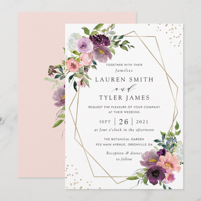 Blush Plum Floral Geometric Lila Moderne Grüne Einladung (Vorne/Hinten)