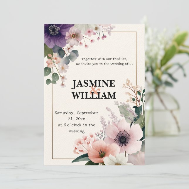 🌹 Blush & Plum Floral Hochzeit Einladung 💐 💒 (Stehend Vorderseite)