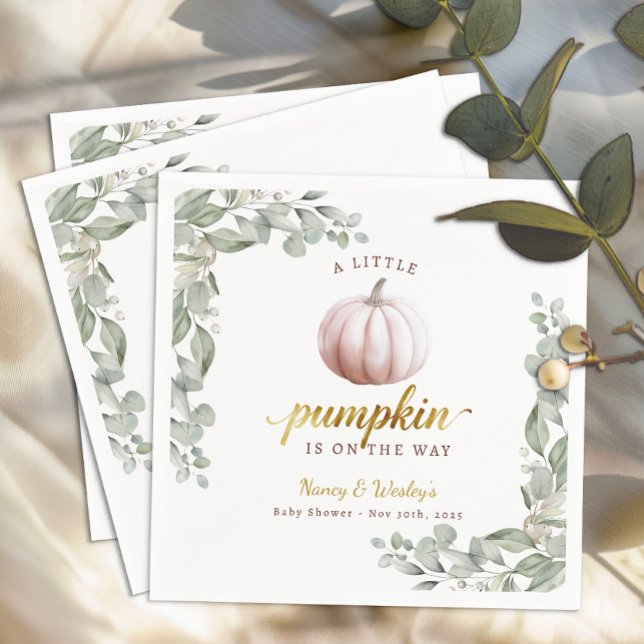 Blush Pumpkin Fall Baby Shower Paper Napkins Serviette (Little Pumpkin Baby Shower Napkins)