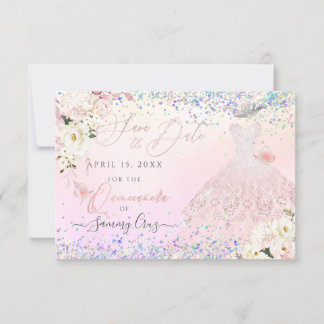 Blush Quinceanera Rett Date Holographic Confetti I Einladung