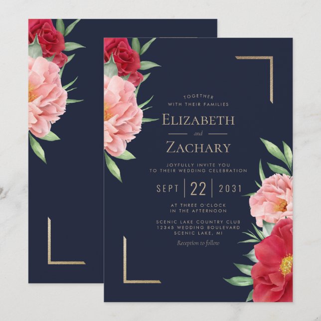 Blush Red Floral Navy Blue Gold Hochzeit Einladung (Vorne/Hinten)