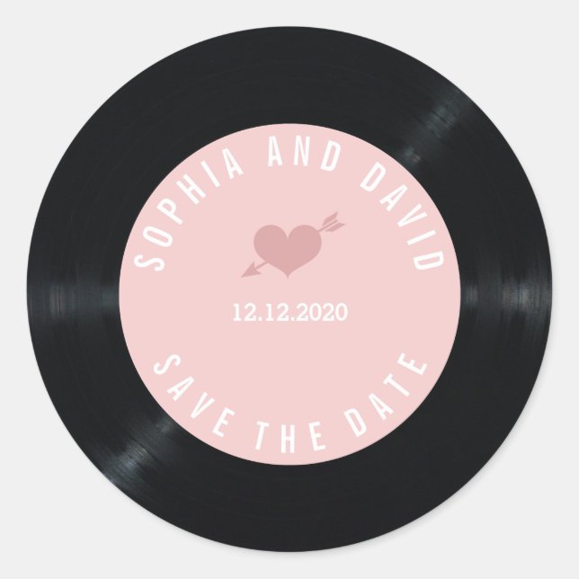 Blush Retro Vinyl Record Hochzeit SPEICHERN DAS DA Runder Aufkleber (Vorderseite)
