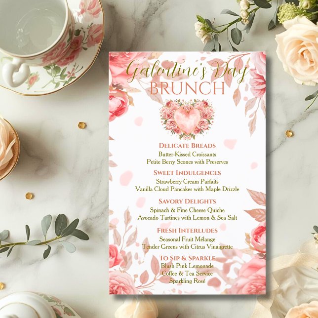 Blush Rococo Floral Heart Galentine Brunch Menu Einladung (Von Creator hochgeladen)