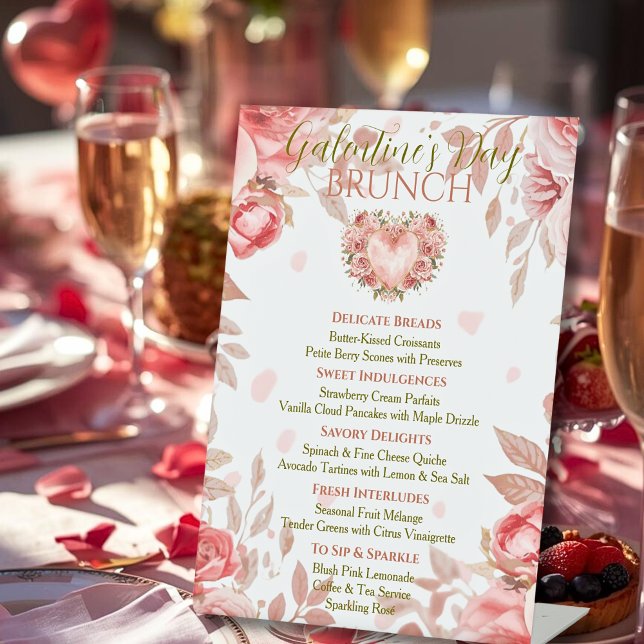 Blush Rococo Floral Heart Galentine Brunch Menu Sockelschild (Von Creator hochgeladen)