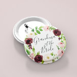 Blush Romance Großmutter der Braut Button<br><div class="desc">Identifizieren Sie die Hauptakteure in Ihrem Brautparty mit unseren eleganten,  süß-schicken Blumenknöpfen. Button zeigt einen blütenrosa und bordeauxfarbenen Marsala Aquarellkranz mit "Großmutter der Braut",  der in handgeschriebenem Skript eingeschrieben ist.</div>
