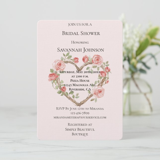 Blush Romantische Rote Rose Blumenkohl Brautparty Einladung (Stehend Vorderseite)