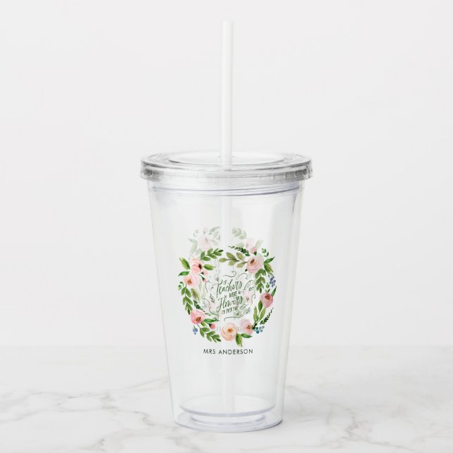 Blush rosa Blumenkranz Dankeschön Lehrer Geschenk Acryltrinkbecher (Vorderseite)