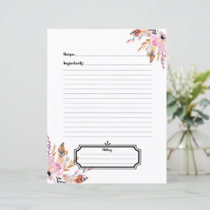 Blush rosa Boho Federn weißes Rezept Blatt einfüge
