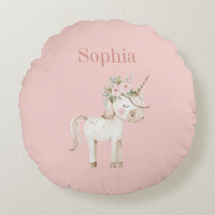 Blush Rosa Florales Einhorn Rundes Kissen