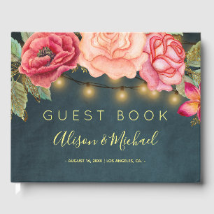Blush rosa Roses marineblaue Lichter Hochzeit Gästebuch