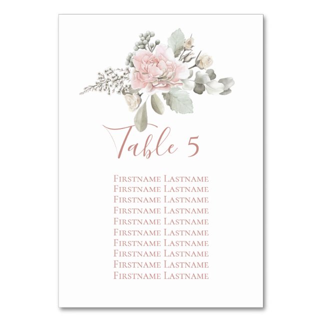 Blush Rose Bloral staubige Rose Hochzeitskarte Tischnummer (Vorderseite)