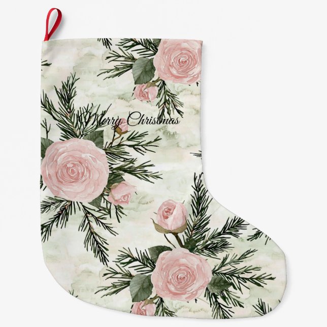 Blush Rose Bloral Weihnachten Großer Weihnachtsstrumpf (Vorderseite)