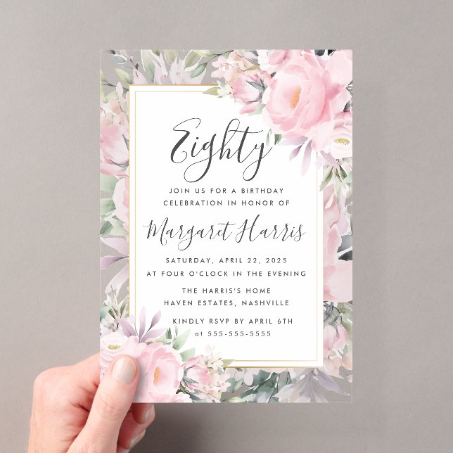 Blush Rose Blues Gold Rahmen 80. Geburtstag Acryleinladungen (Insitu (Handheld))