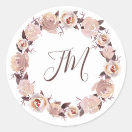 Blush Rose Blumenkraut Monogramm Hochzeit Runder Aufkleber