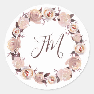Blush Rose Blumenkraut Monogramm Hochzeit Runder Aufkleber