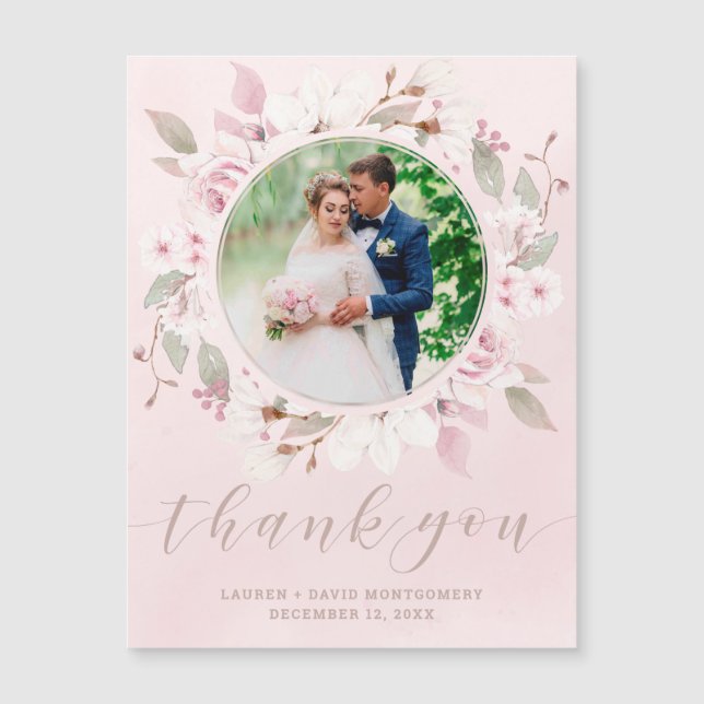 Blush Rose Blumenreath Wedding Foto Vielen Dank Magnetkarte (Vorderseite)