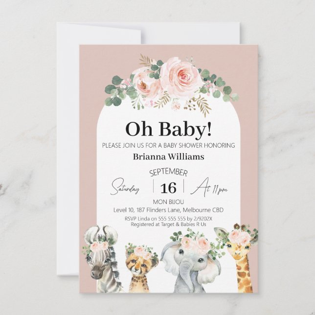 Blush Rose Blumenstrauß Safari Kinderdusche Einladung (Vorderseite)