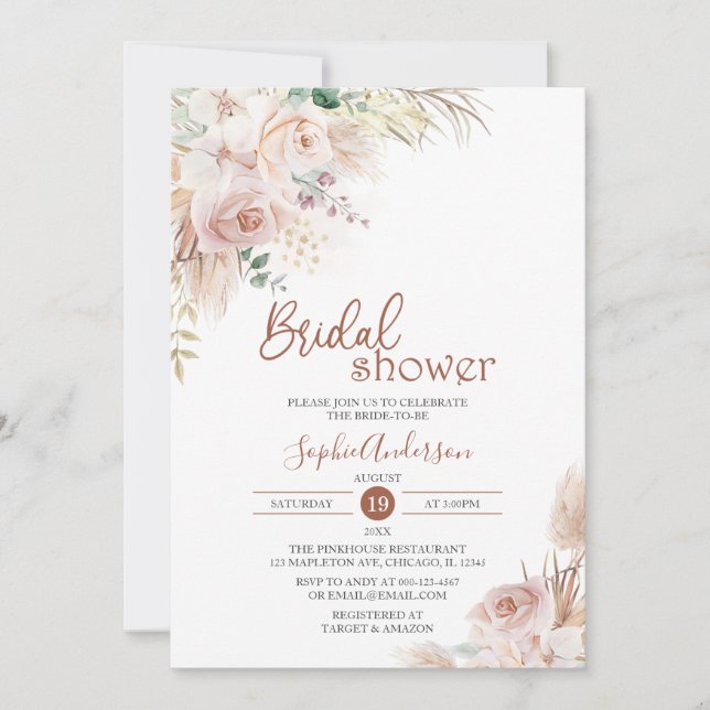 Blush Rose Boho Pampas Grass Brautparty Invitat Einladung (Vorderseite)