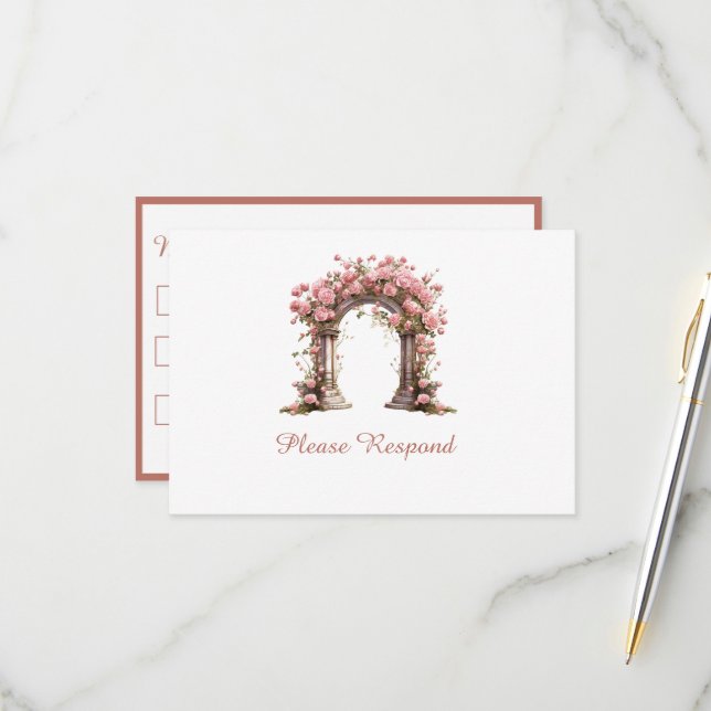 Blush Rose Boho Wedding Arch Wedding RSVP Karte (Vorderseite/Rückseite Beispiel)