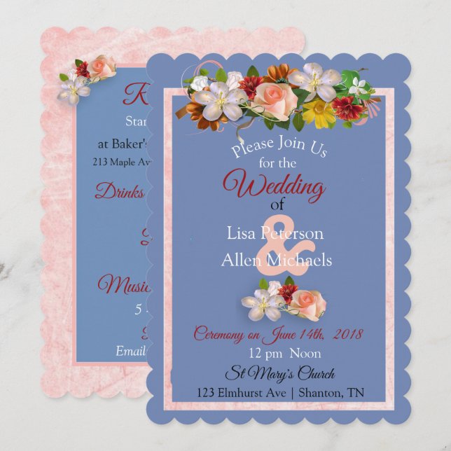 Blush Rose Burgundy Blue Floral Wedding Einladung (Vorne/Hinten)