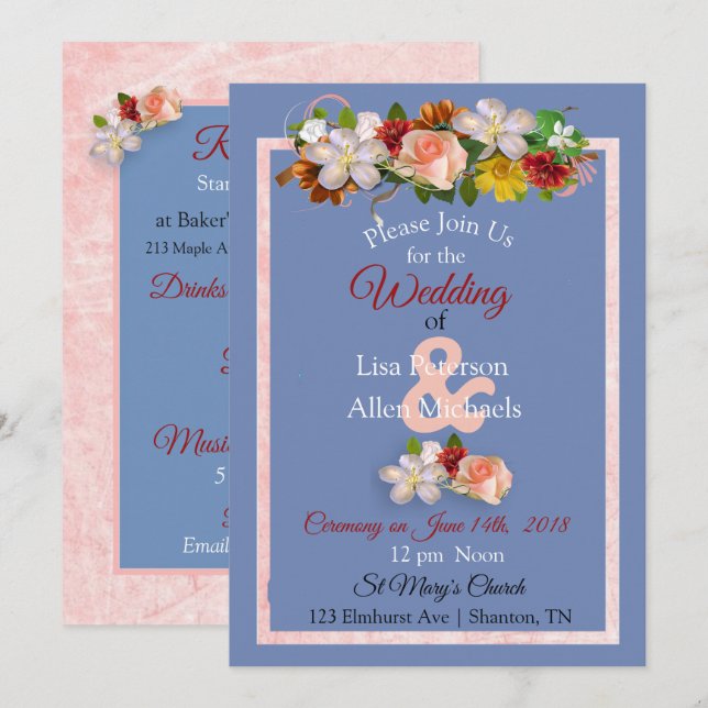 Blush Rose Burgundy Blue Floral Wedding Einladung (Vorne/Hinten)