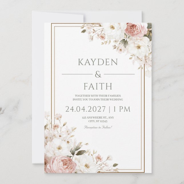 Blush Rose & Elfenbeinblume Einladung zur Hochzeit (Vorderseite)